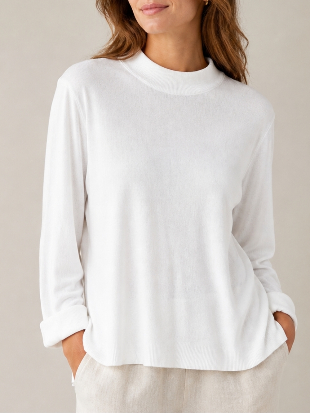 Liz Claiborne Top White Mock Neck Knit Stitch Cuffed Long Sleeve Womens XL Soft